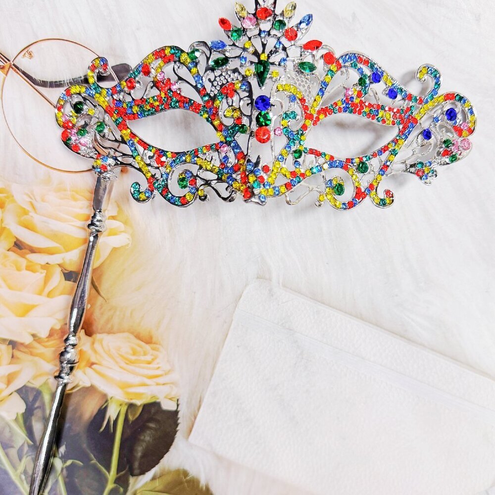 Rainbow Masquerade Mask, Crystal Handheld Mask, Silver Mask, Prom Mask, Pride - Picture 5 of 10